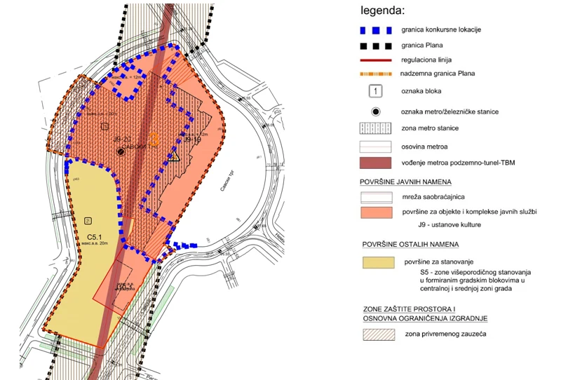 Izvod iz PGR šinskih sistema (I faza - 1. linija) – Elementi detaljne razrade I faza prve linije metro sistema - Planirana namena površina